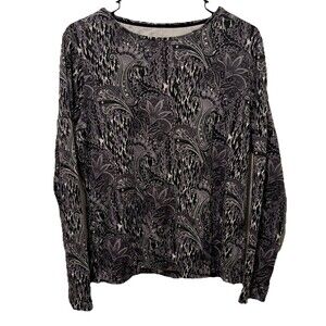 Charter Club Luxury Pima Cotton Long Sleeve Paisley Top Size L Black & White